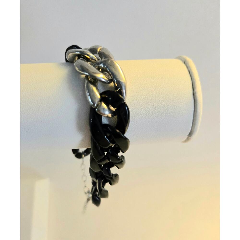 Acrylic Black and Silver Toned Chunky Chain Bracelet with Clasp